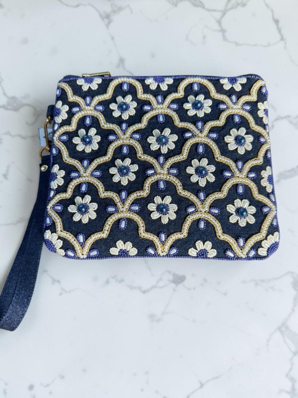 Chico’s Beaded Denim Wristlet Clutch Blue Floral Zip Pouch Bag NWT